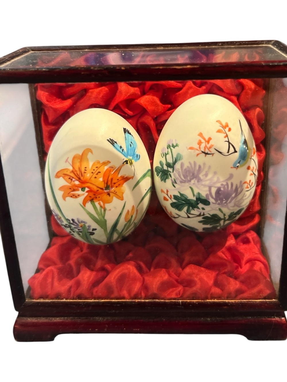 Hand-Painted Porcelain Egg Pair with Floral & Bluebird Motifs